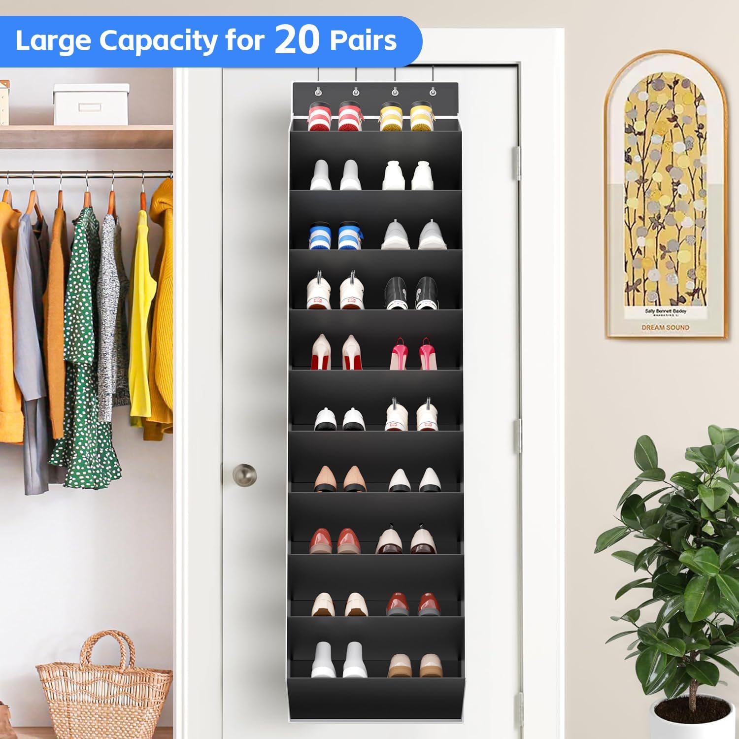 Regeleto Over The Door Shoe Organizer - 10 Tiers Storage Rack for 20 Pairs of Sneakers & Boots (Black)