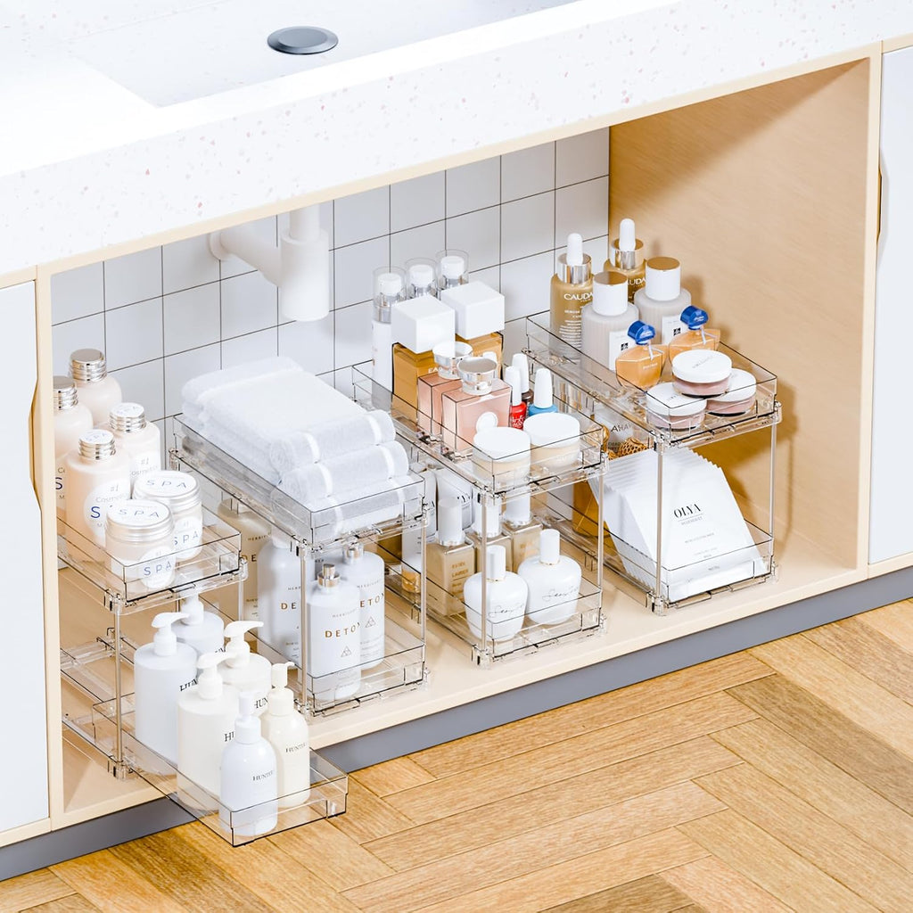 Yieach 4 Set Bathroom Organizers - 2 Tier Clear Under Sink & Medicine Cabinet Storage | Ideal for Kitchen & Pantry
