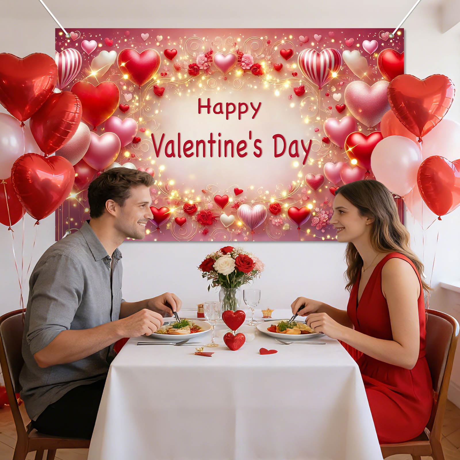 BlissYard Valentine’s Day Banner 71x43 Inches Happy Valentine Backdrop Love Heart Balloon Background Romantic Party Decoration for Valentine Celebration Anniversary Proposal Photo Booth Decor
