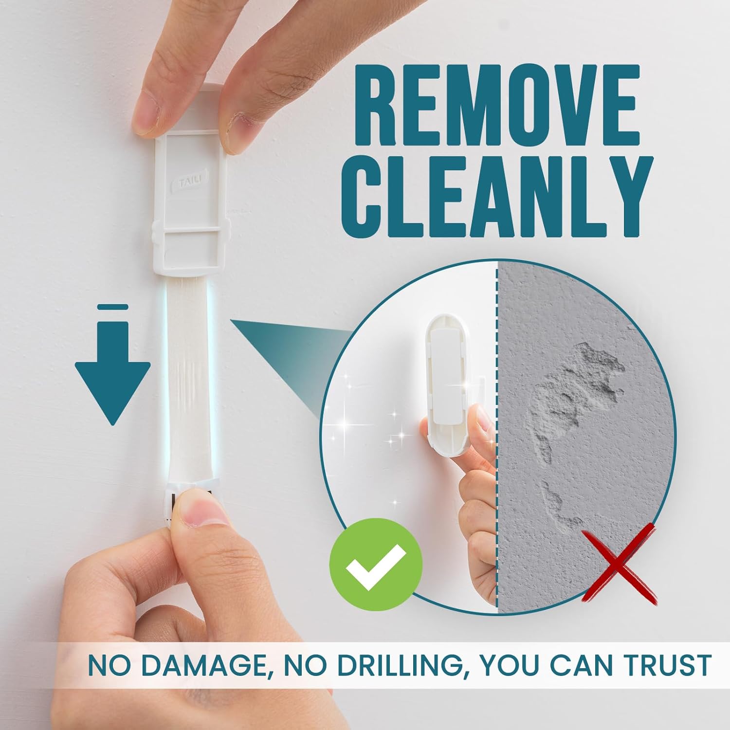 TAILI Heavy-Duty Hooks for Hanging | 6 Plastic Sticky Hooks with 8 Adhesive Strips - White, No Damage, Removable & Reusable