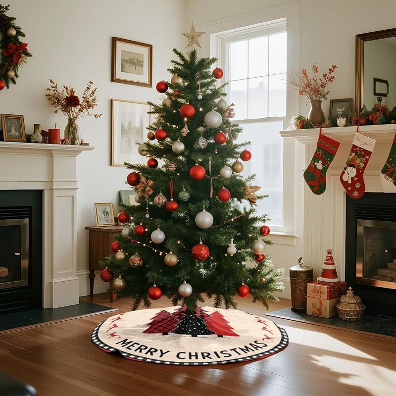 Buffalo Plaid Christmas Tree Skirt 30 Inch - Red & Black Snowflake Reindeer Xmas Mat, Xmas Tree Decor - Variation: Buffalo Plaid+30 inch