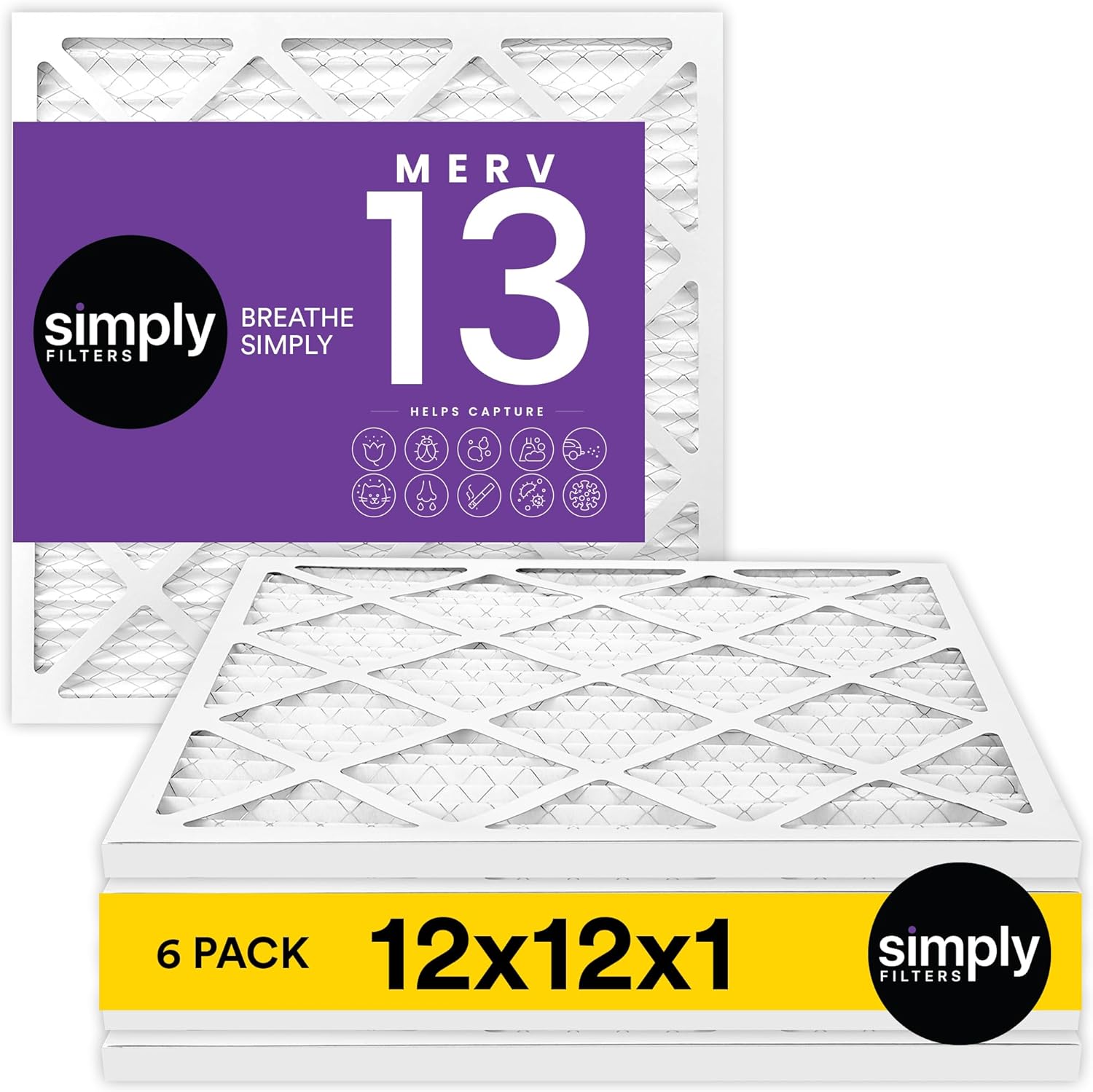 Simply 12x12 Air Filter - MERV 13, 6-Pack for Home AC & HVAC | Dust, Pet & Allergy Control