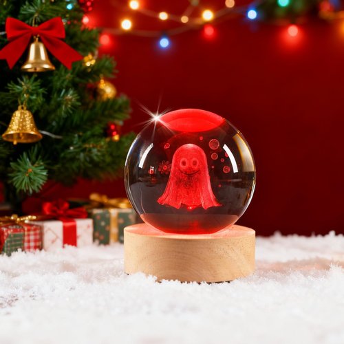 YummyCarrot 3D K9 Ghost Crystal Ball Night Light,2.36inch Smiling Spooky Ghost Crystal Lamp with Wooden Base for Birthday Gift, Birthday Lamp, Birthday Decor