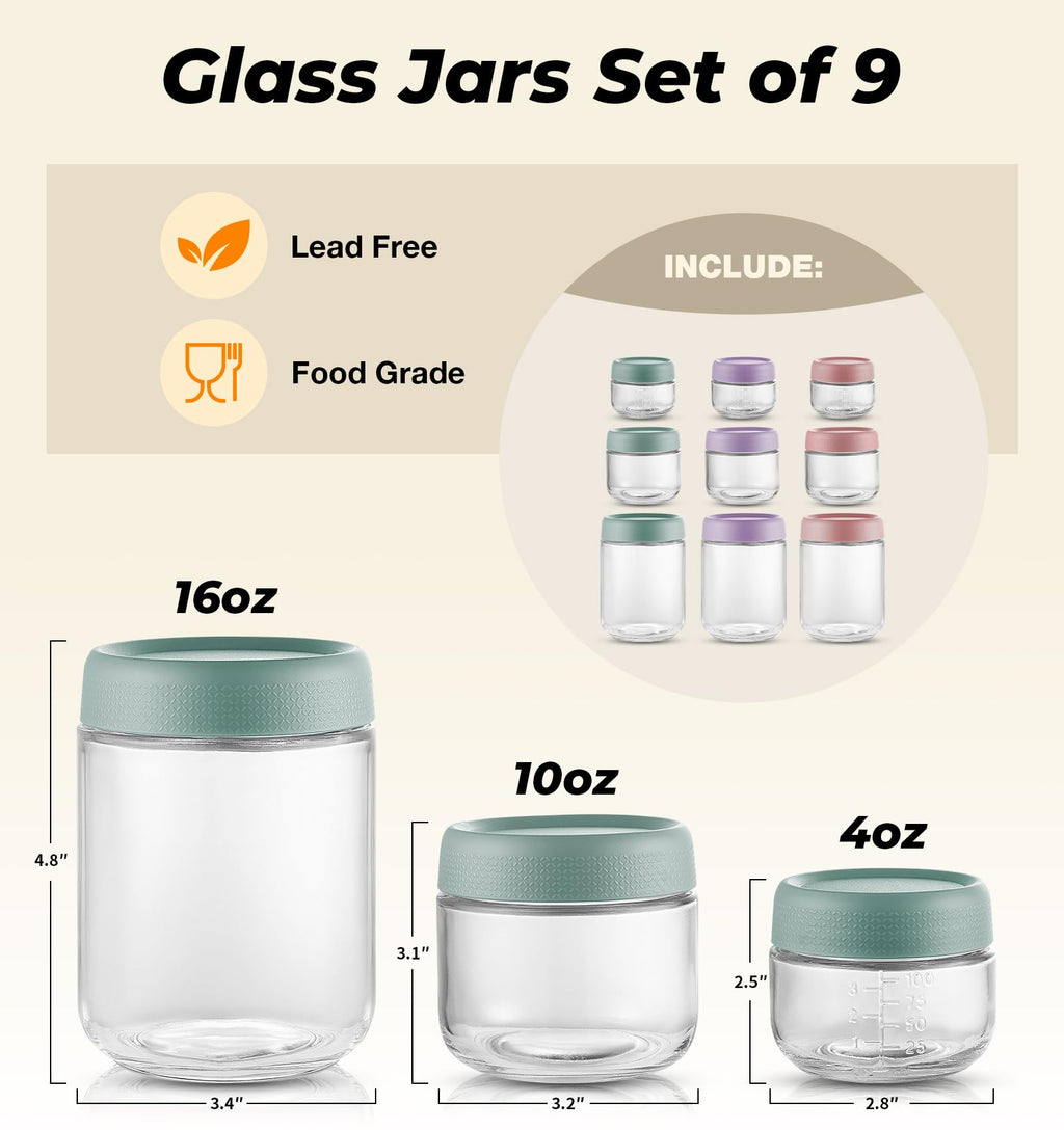 9 Pack Overnight Oats Containers with Lids, Large & Small Glass Mason Jars 16oz & 10oz & 4oz, Glass jars with Airtight Lids, Salad Meal Prep Jars for Food Storage, Overnight Oats Jars for Milk, Fruit