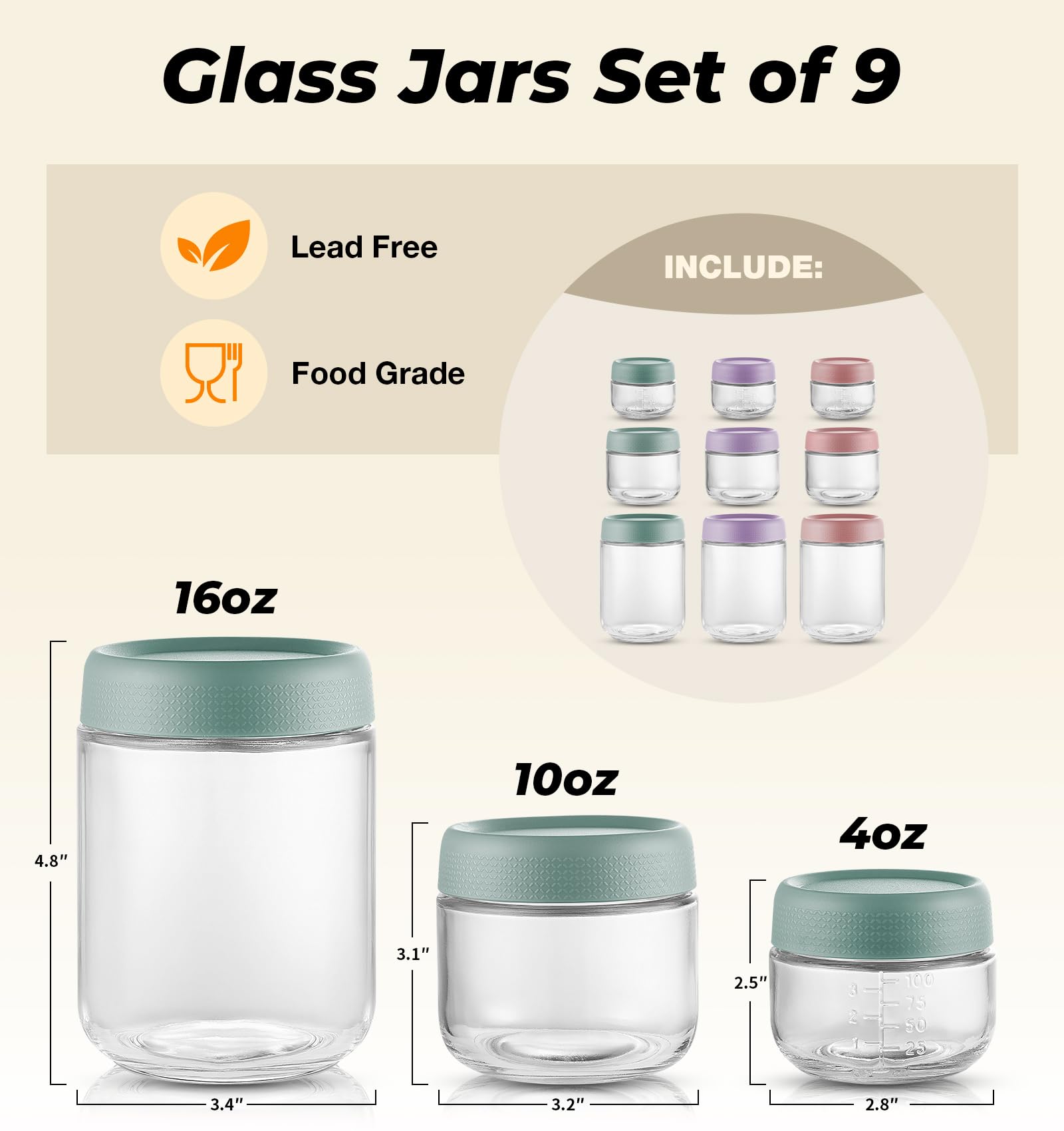 9 Pack Overnight Oats Containers with Lids, Large & Small Glass Mason Jars 16oz & 10oz & 4oz, Glass jars with Airtight Lids, Salad Meal Prep Jars for Food Storage, Overnight Oats Jars for Milk, Fruit
