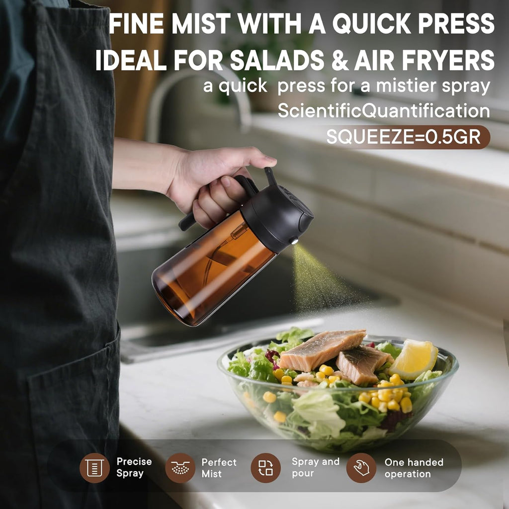 Olive Oil Sprayer 16oz - Premium Dark Brown Glass Dispenser for Cooking & Air Fryer | 2-in-1 Spray & Pour