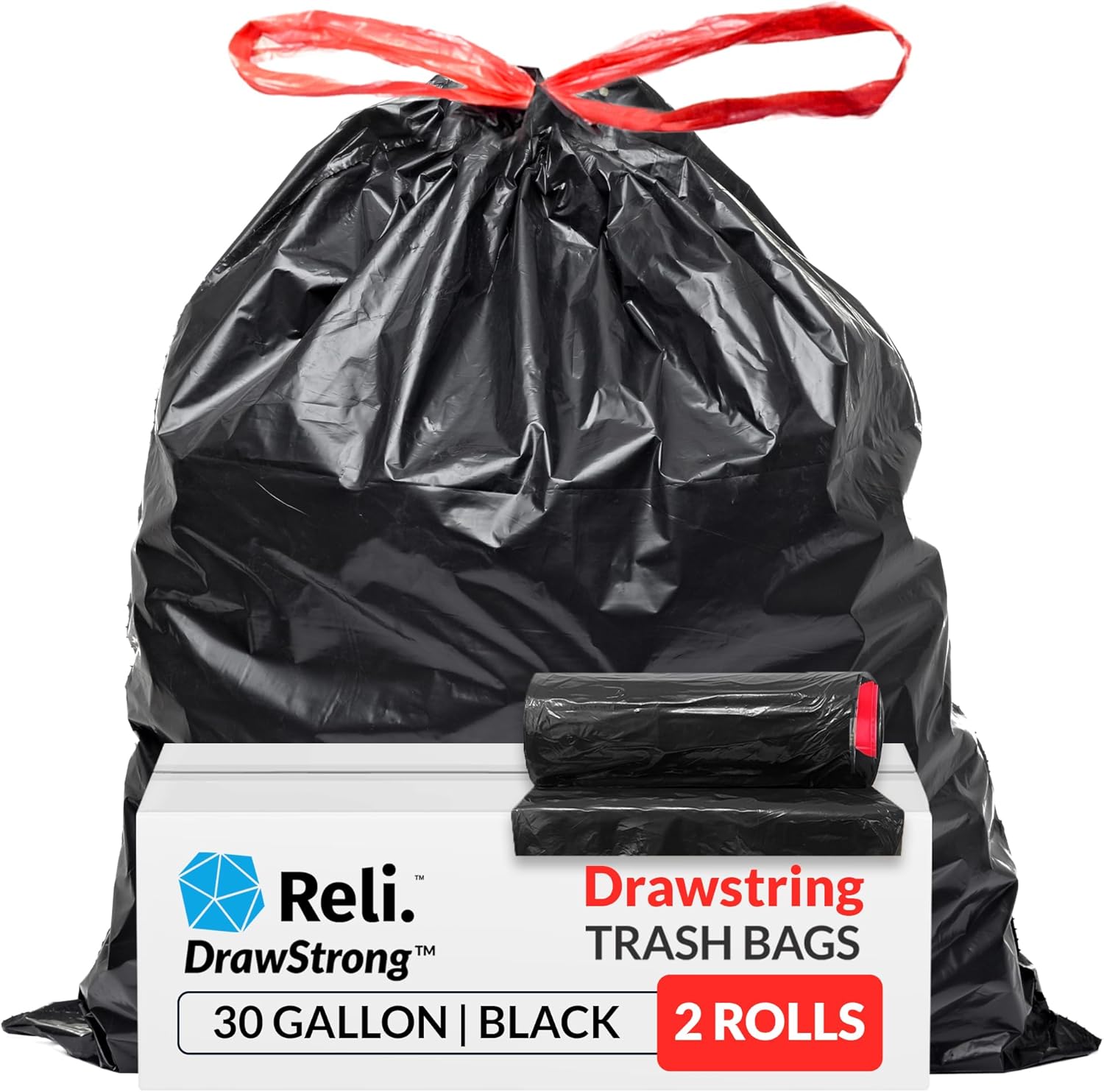Reli. Heavy Duty 30 Gallon Trash Bags with Drawstring - 150 Count | Black Garbage Bags