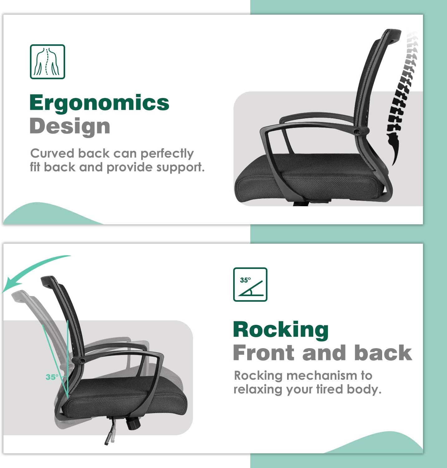 Tuoze Ergonomic Office Chair - Mid Back Mesh Design with Lumbar Support & Armrests | Black