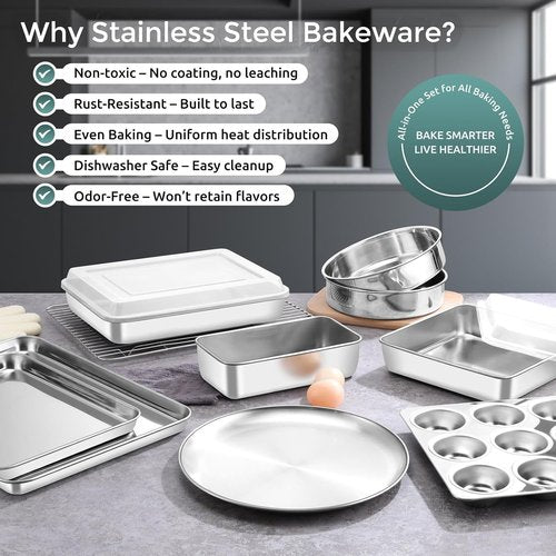 E-far 12-Piece Bakeware Set - Stainless Steel Baking Pans with Lids | Non-Toxic & Dishwasher Safe