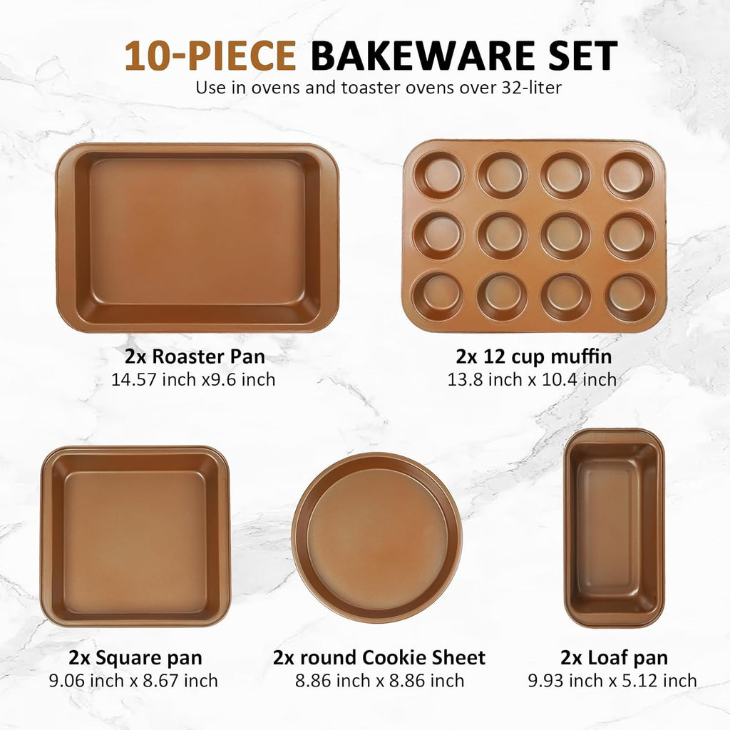 Nonstick Baking Pans Set by [Brand Name] - 10-Piece Bakeware Set | Oven & Dishwasher Safe, Non-Toxic, Includes Cookie Sheets, Muffin Pan, Bread Pan, Cake Pan, Loaf Pan, Roasting Pan in Gold