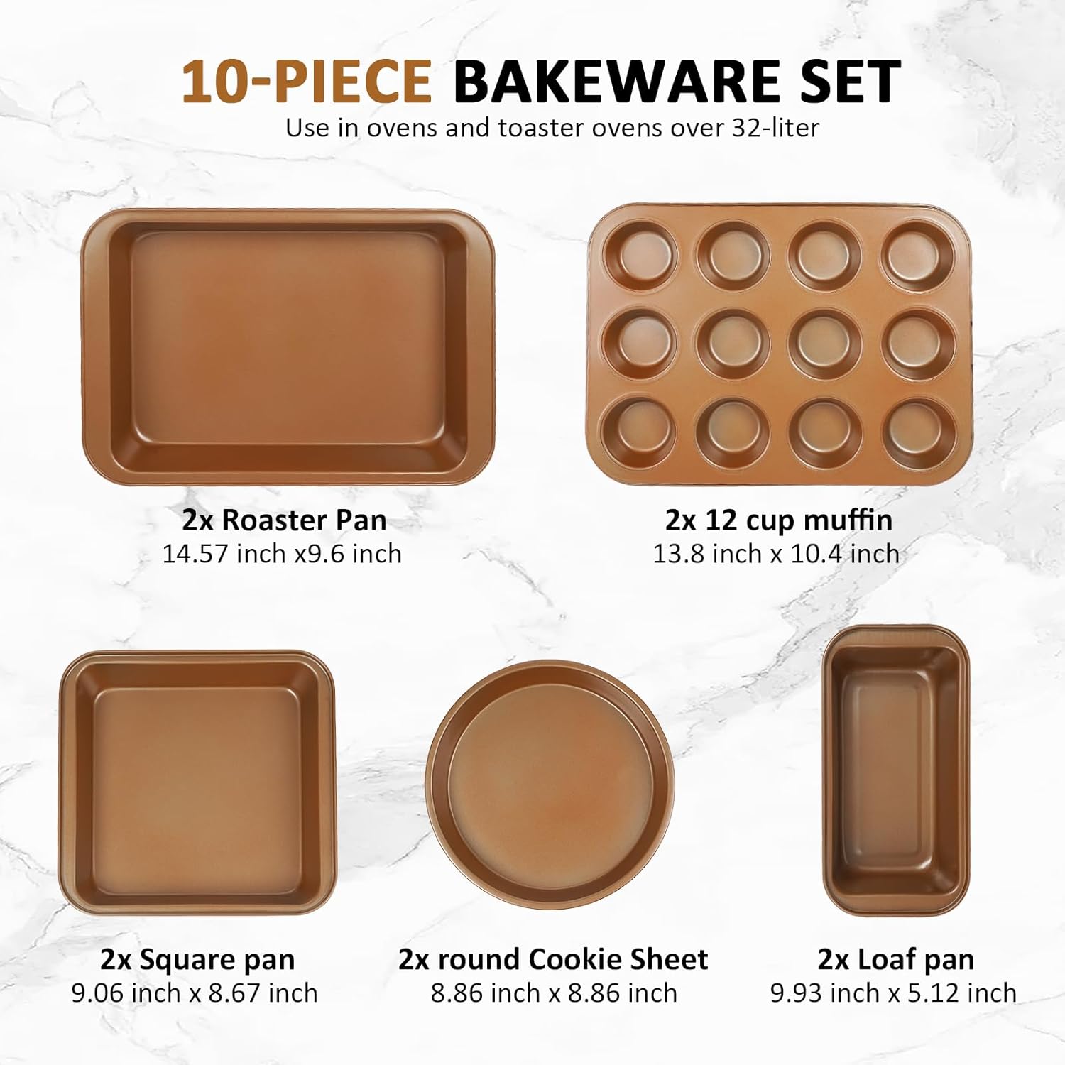 Nonstick Baking Pans Set by [Brand Name] - 10-Piece Bakeware Set | Oven & Dishwasher Safe, Non-Toxic, Includes Cookie Sheets, Muffin Pan, Bread Pan, Cake Pan, Loaf Pan, Roasting Pan in Gold