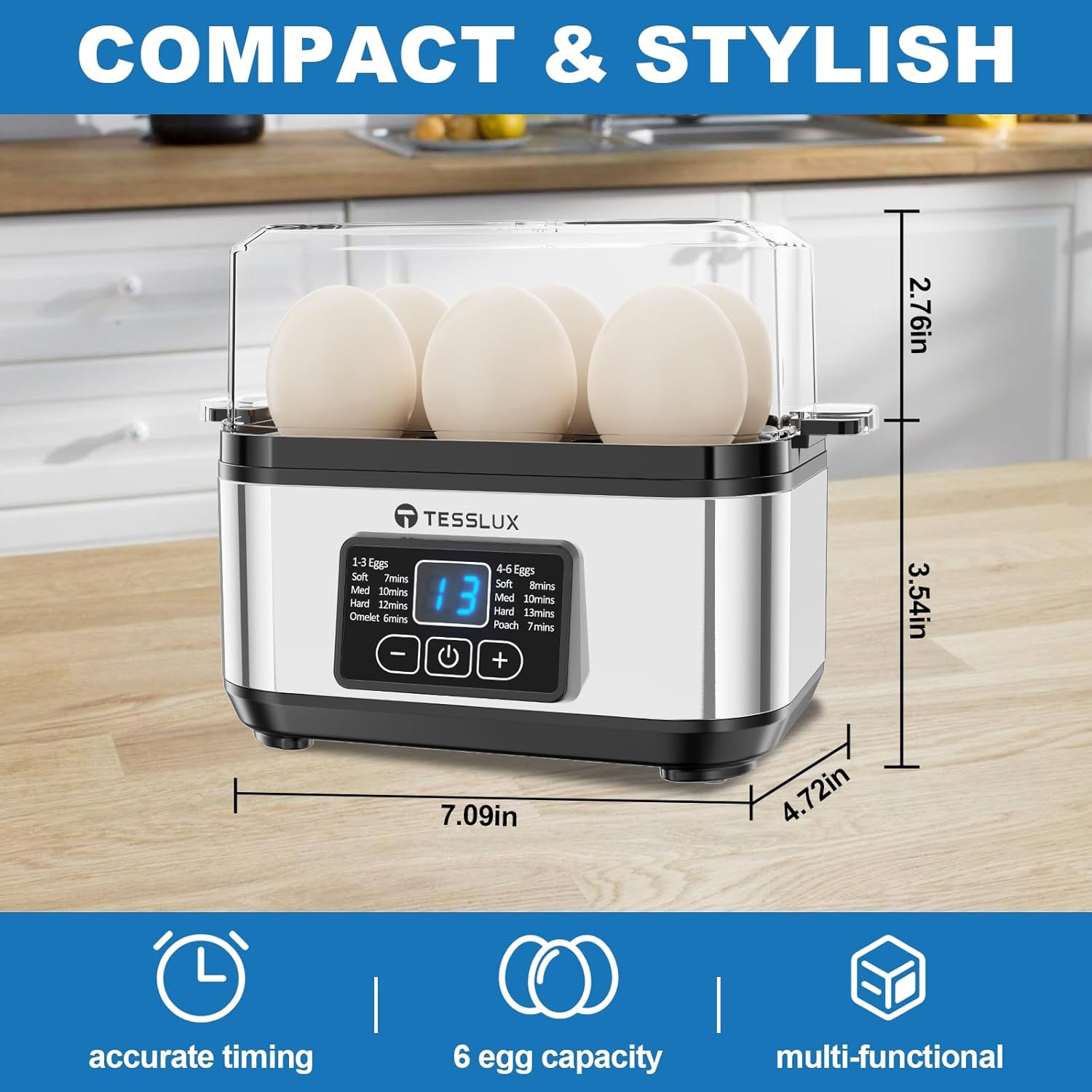 Tesslux Electric Egg Cooker - 6 Egg Capacity for Hard Boiled, Poached, Scrambled Eggs | Auto Shut Off, Silver