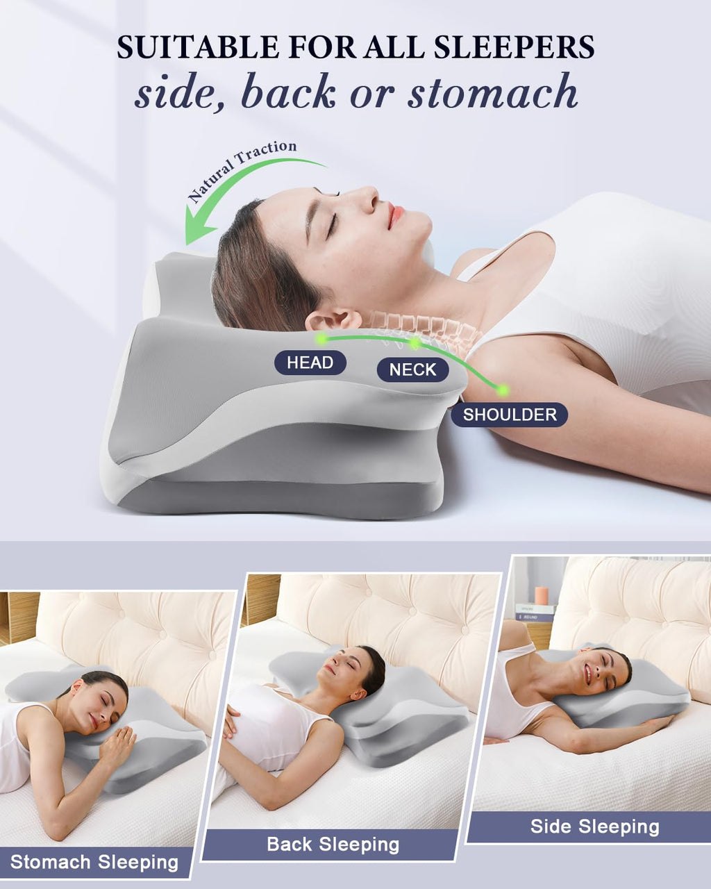 Cervical Neck Pillow for Pain Relief, Cooling Ergonomic Memory Foam Pillows for Sleeping with Breathable Pillowcase, Contour Deep Sleep Neck Support Pillow for Side Back Stomach Sleepers-Light Grey