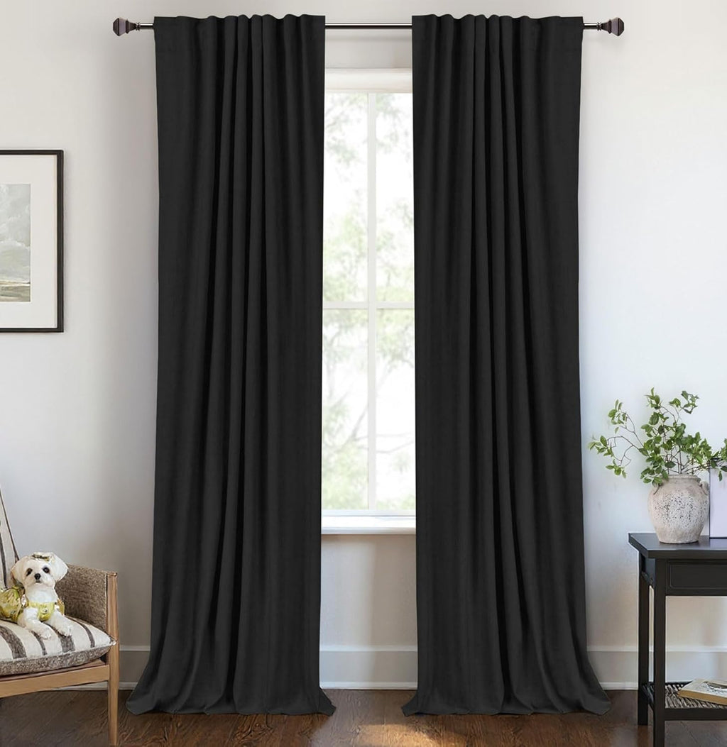 Skiennix Blackout Curtains - 100% Blackout Linen Drapes, Thermal Insulated, 50" W x 84" L, Black - 2 Panels Set