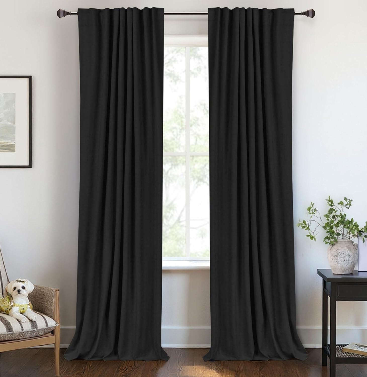 Skiennix Blackout Curtains - 100% Blackout Linen Drapes, Thermal Insulated, 50" W x 84" L, Black - 2 Panels Set
