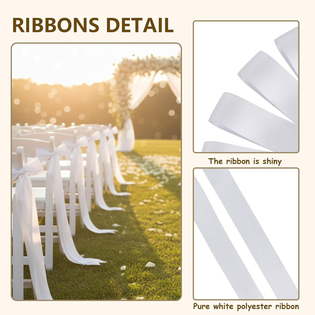 Skiennix 30 Pcs Satin Chair Sashes - 90.55x1.96 Inch White Ribbons for Wedding Decor & DIY Bow Making