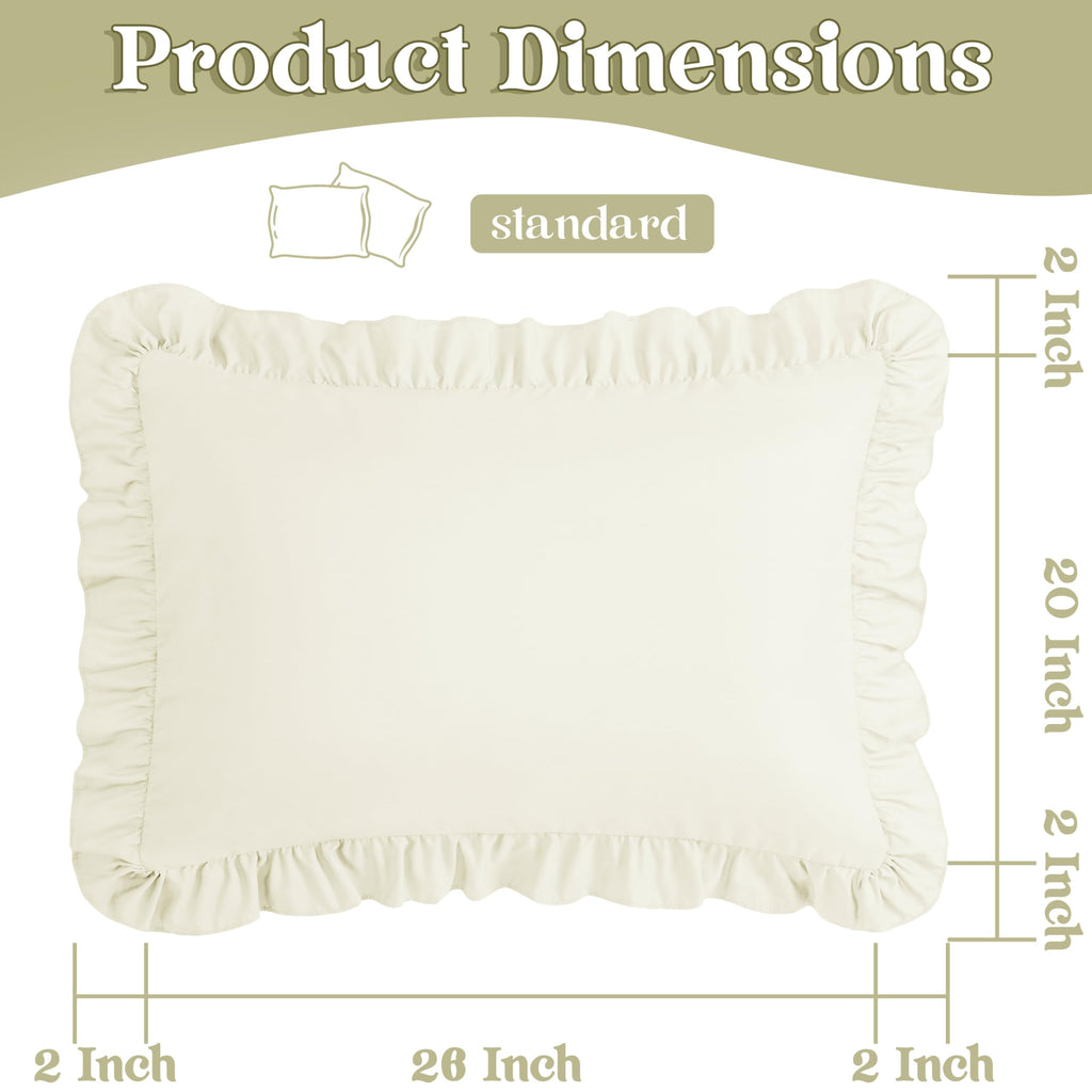KKJIAF Ruffle Pillow Cases Standard Size Set of 2, Ruffled Pillow Covers with Envelope Closure, Wrinkle Resistant Ruffled Pillow Shams 20" x 26", Beige