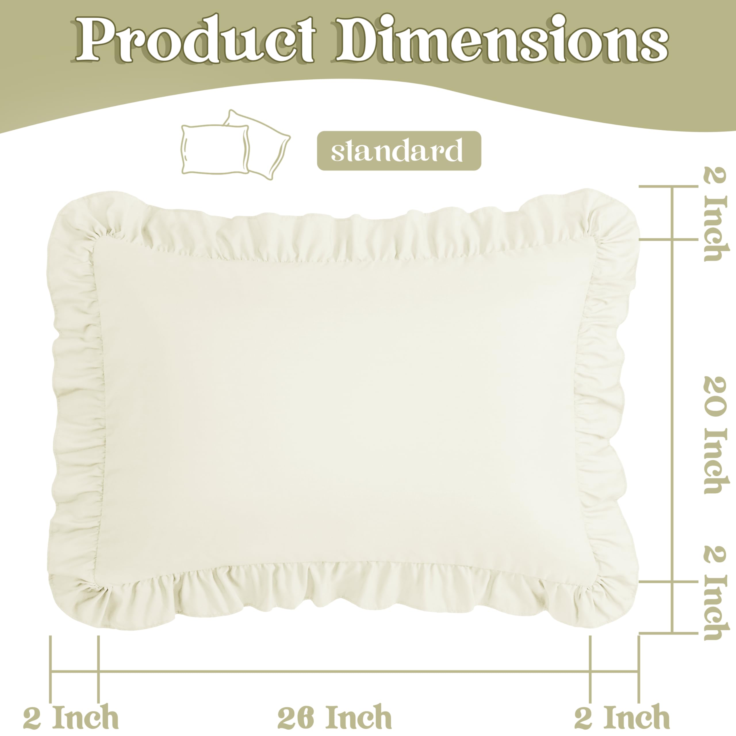 KKJIAF Ruffle Pillow Cases Standard Size Set of 2, Ruffled Pillow Covers with Envelope Closure, Wrinkle Resistant Ruffled Pillow Shams 20" x 26", Beige