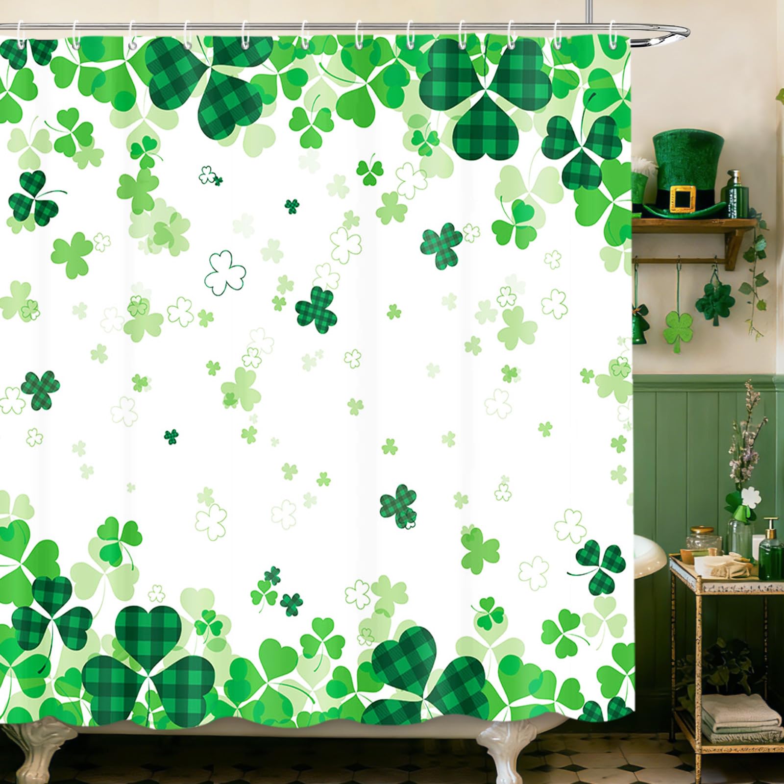 MEHOFOND St. Patrick's Day Clover Shower Curtain,Green Shamrock Clover St Patricks Day Shower Curtain,Shamrock Bathroom Decor Curtains,Irish St Patrick's Day Fabric Curtain 72x72 in
