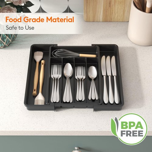 Lifewit Drawer Organizer Set - Expandable Plastic Storage for Silverware & Cooking Utensils, BPA-Free, Black