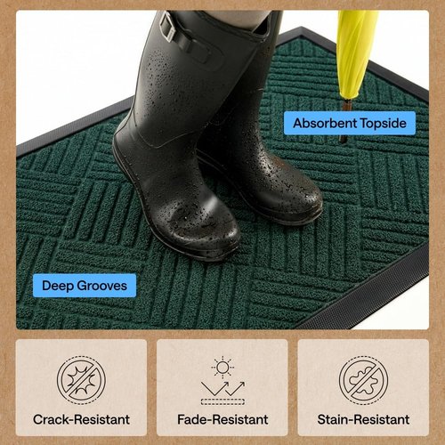 GORILLA GRIP Waterproof All-Season Doormat - Natural Rubber, Stain & Fade Resistant, Easy Clean | 29x17, Green Diamond