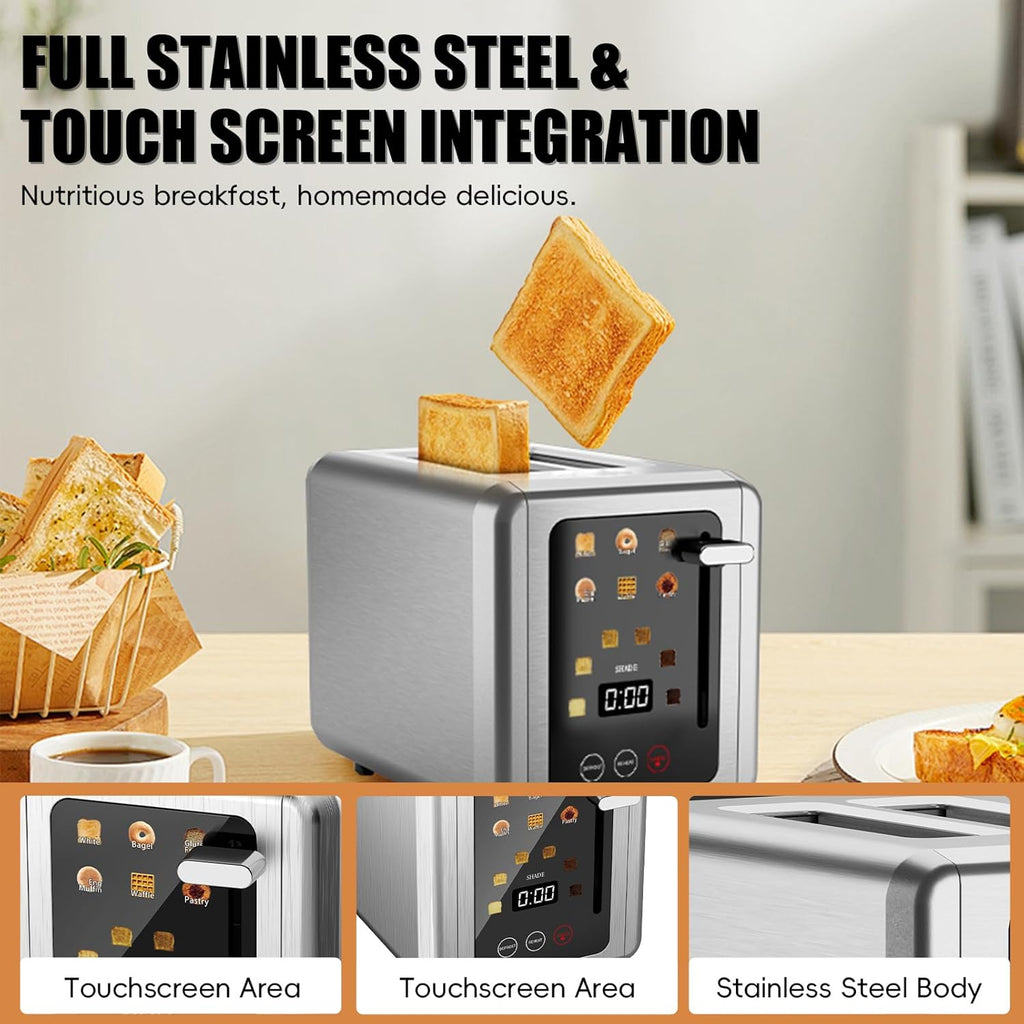 WUNLY 2-Slice Toaster - Touchscreen Control & Digital Countdown Timer - 6 Shade Settings, Titanium