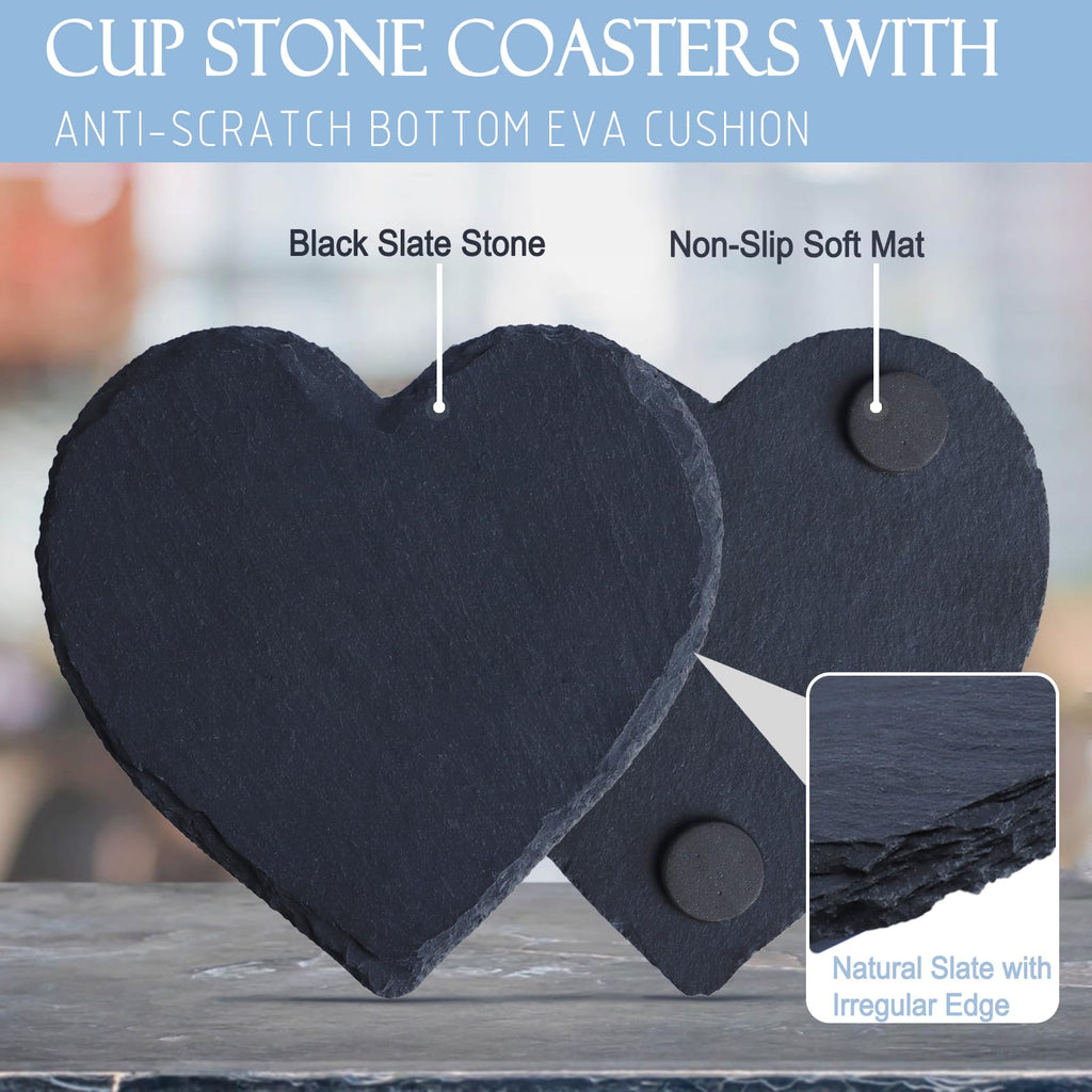 Black Heart Nature Stone Coasters Absorbent,Boho Cute Drink Coasters Set of 2, Anti-Scratch Furniture Table Desk Coaster, Cup Mats for Office Bar Kitchen Home Dorm Décor, Protect Wood Grass Surfaces