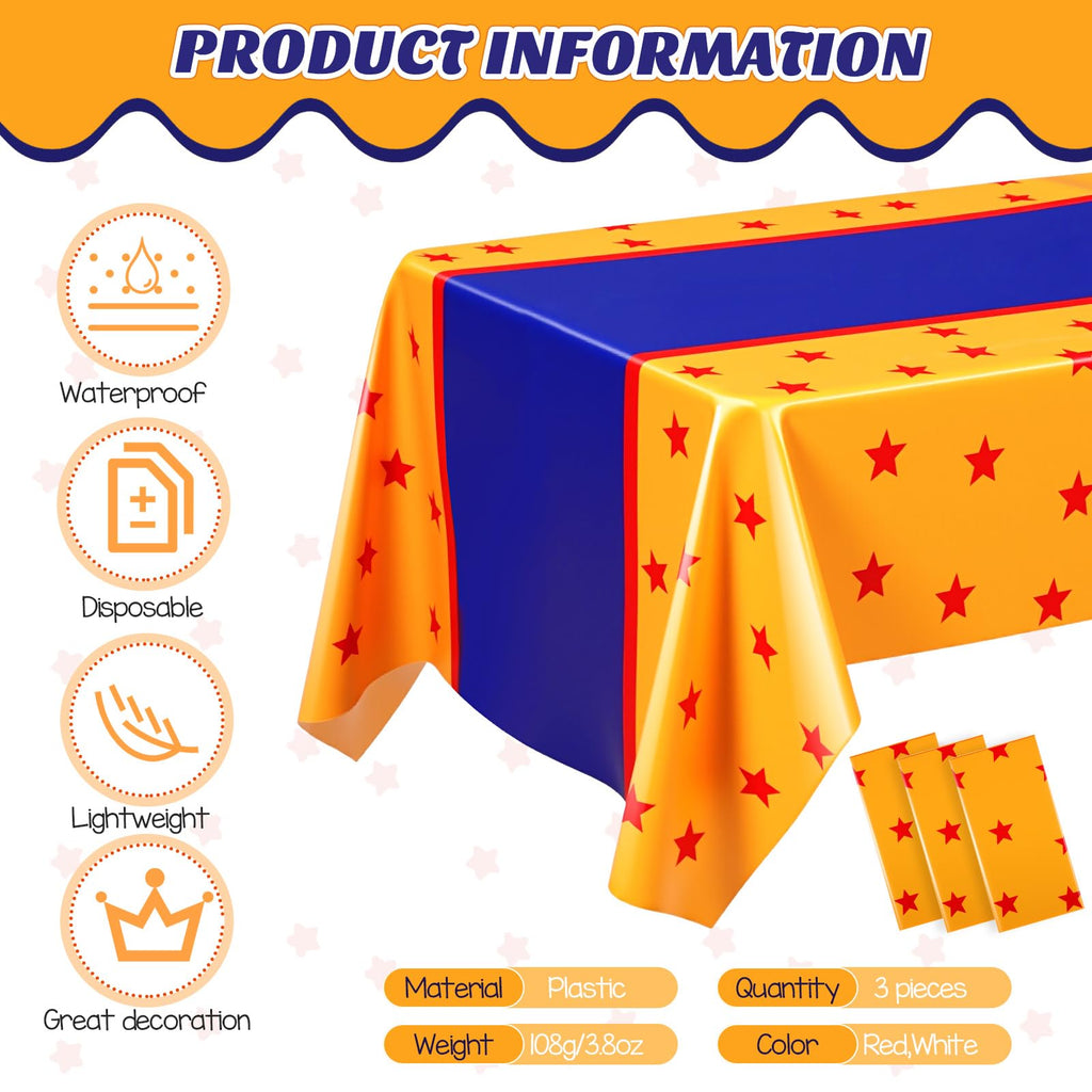 Oudain 3 Pcs Anime Theme Tablecloth 108 x 54 Inches Cartoon Table Covers Yellow Blue and Red Stars Print Table Cloth for Birthday Party Decoration