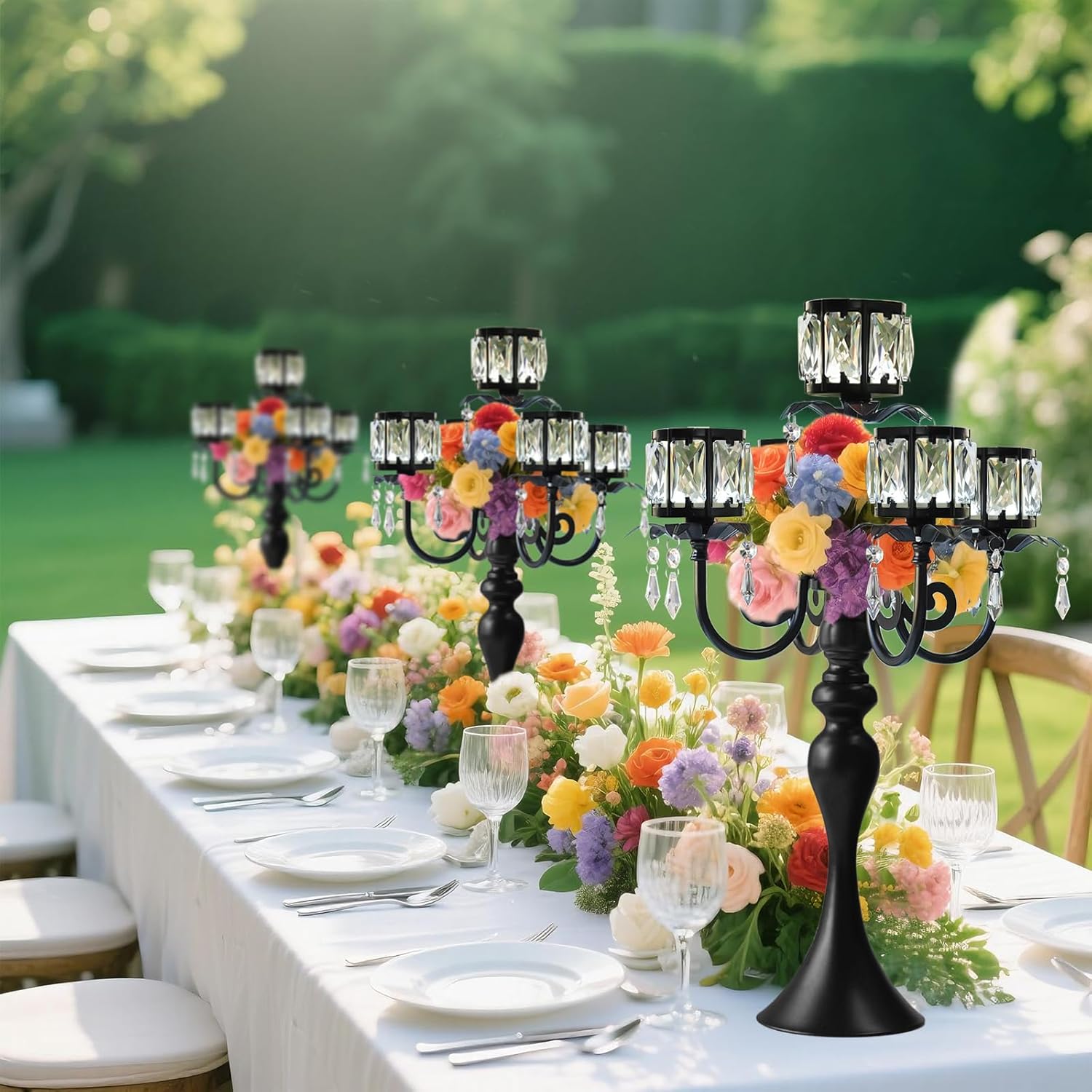 Skiennix 5-Arm Crystal Pendant Candle Holder - Elegant 22-Inch Tall Wedding Centerpiece | Black Finish