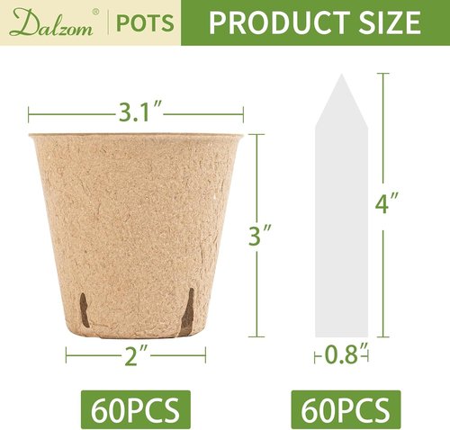 Dalzom® Biodegradable Peat Pots - 60Pcs 3.1” Seedling Pots with Drainage Holes & Labels