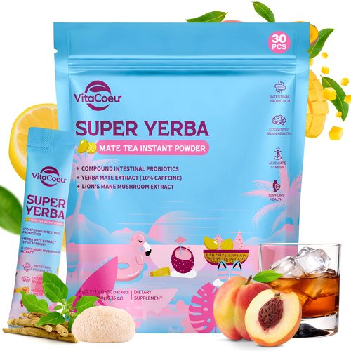 VitaCoeur Yerba Mate Instant Tea Powder with Nootropics, Yerba Mate Tea Supports Energy, Focus and Gut Health-Clean Energy & Boost Brain Fog Buster| Sugar-free Yerba Magic | Peach Mango Flavor-30 Servings
