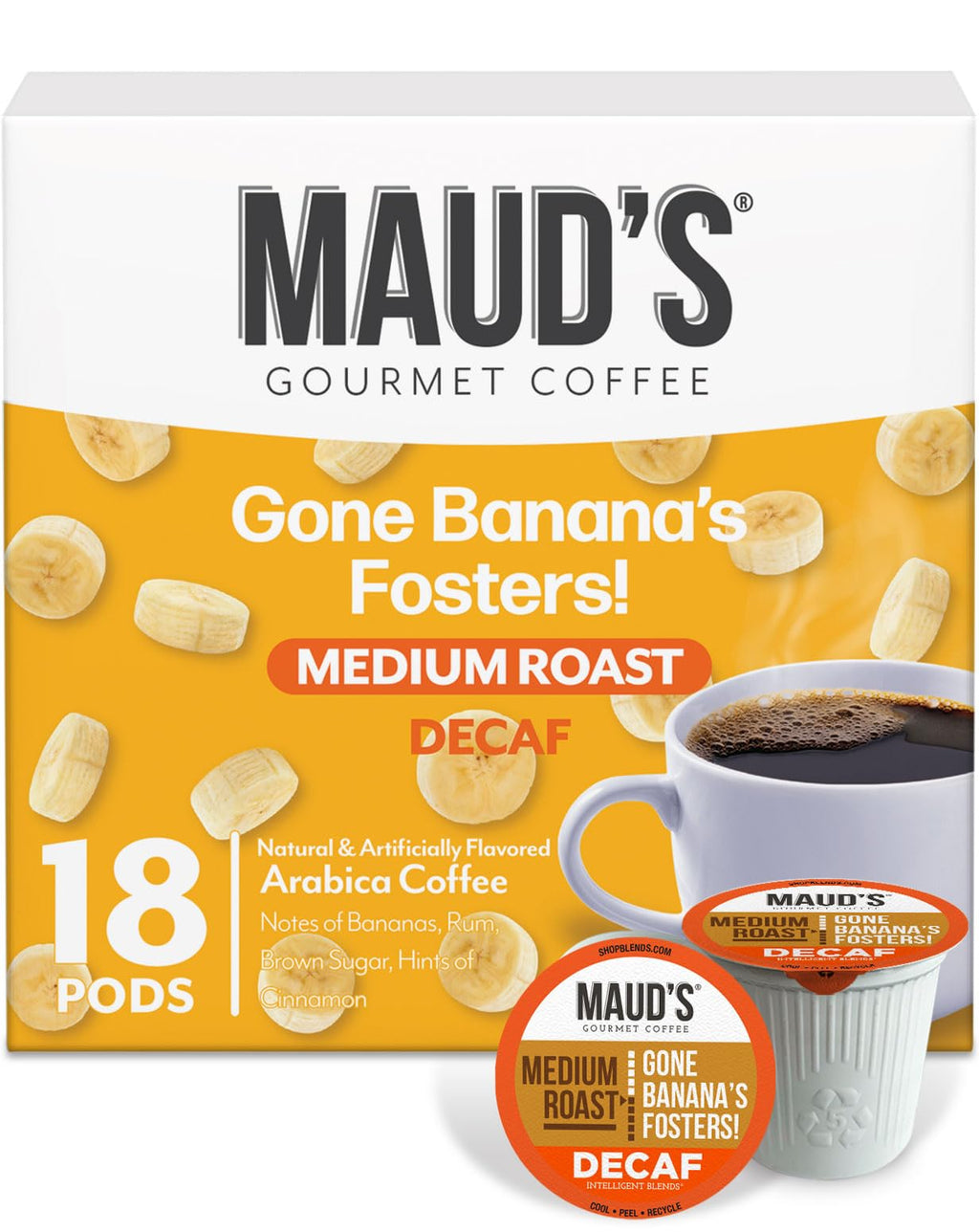 Maud's Decaf Banana Flavored Coffee Pods, 18 ct, Decaffeinated Medium Roast Flavored Coffee in Single Serve Pods – 100% Arabica Beans, Compatible with Keurig K Cups Maker