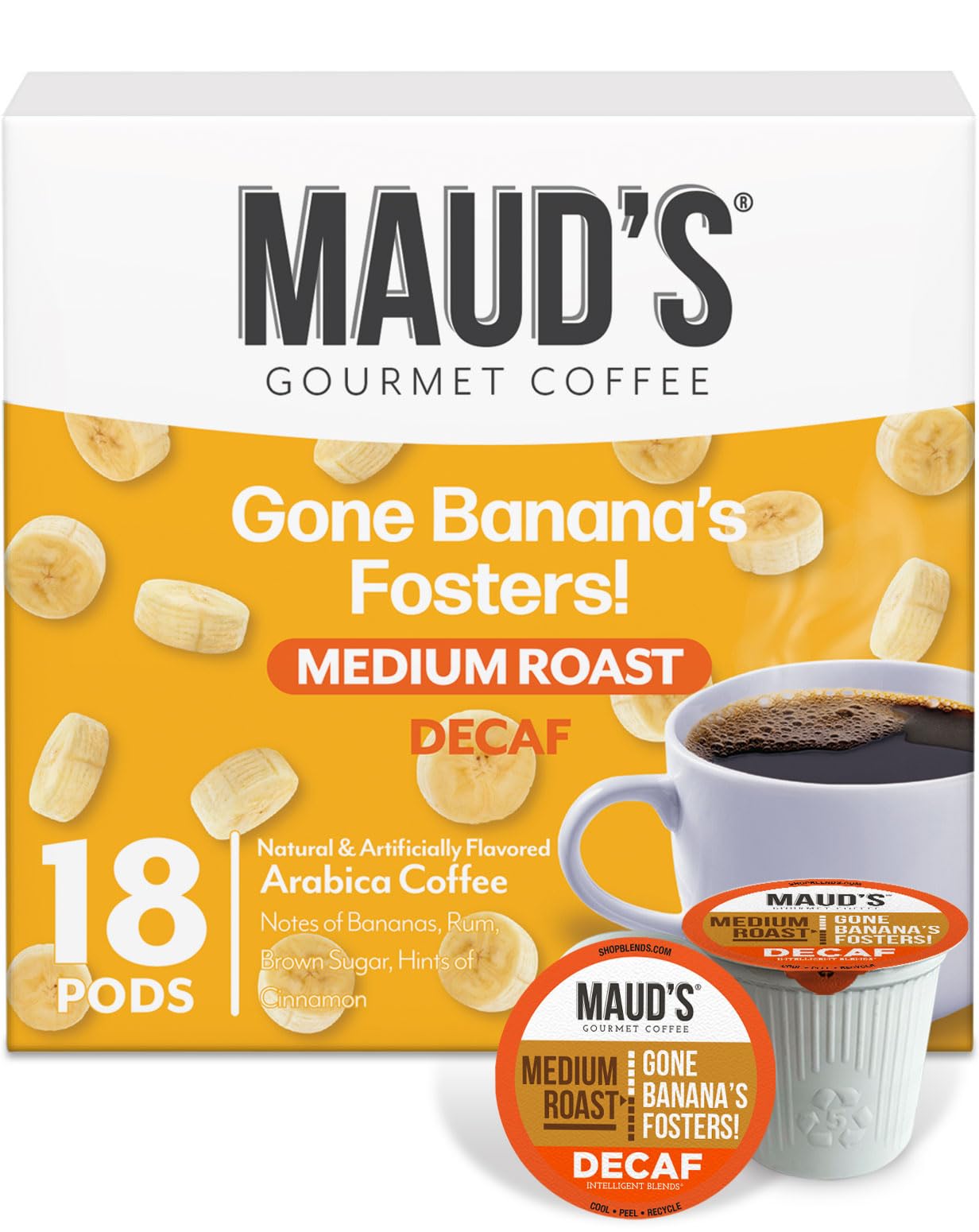Maud's Decaf Banana Flavored Coffee Pods, 18 ct, Decaffeinated Medium Roast Flavored Coffee in Single Serve Pods – 100% Arabica Beans, Compatible with Keurig K Cups Maker