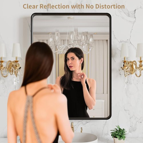 LOAAO Black Metal Framed Bathroom Mirror - 20x16 Inch Matte Black Rounded Rectangle | Anti-Rust, Versatile Hanging Options