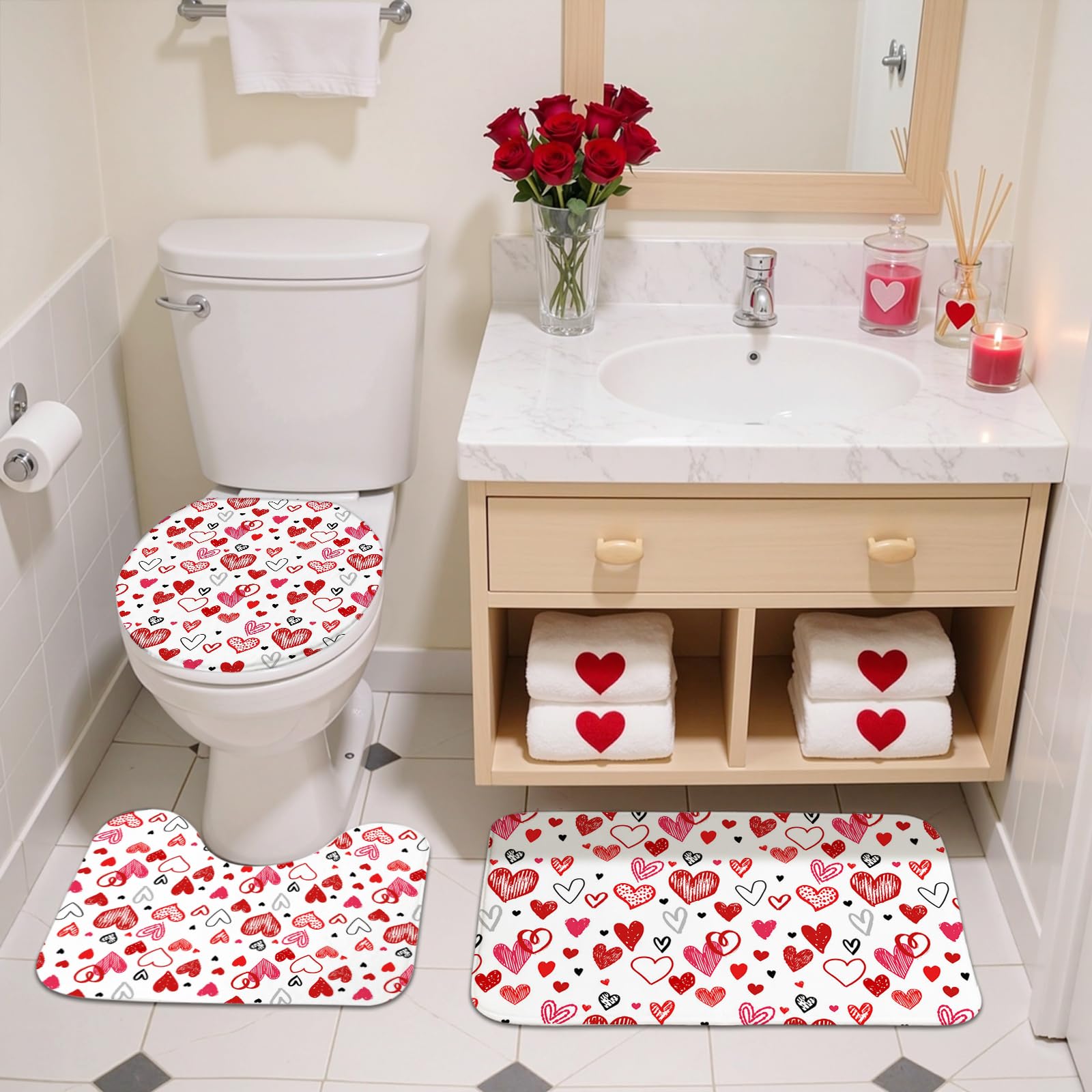 Mocsicka Valentines Shower Curtain Set for Bathroom, 4Pcs Doodle Style Red Heart Valentine Bathroom Sets with Non Slip Rugs, Toilet Lid Cover, Bath Mat, Shower Curtain, Bathroom Decor with 12 Hooks