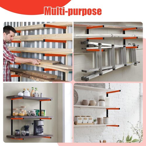 Lumber Rack - Wall-Mounted Storage Solution | Metal Wood Organizer with 3 Levers | 2 Pack, Orange