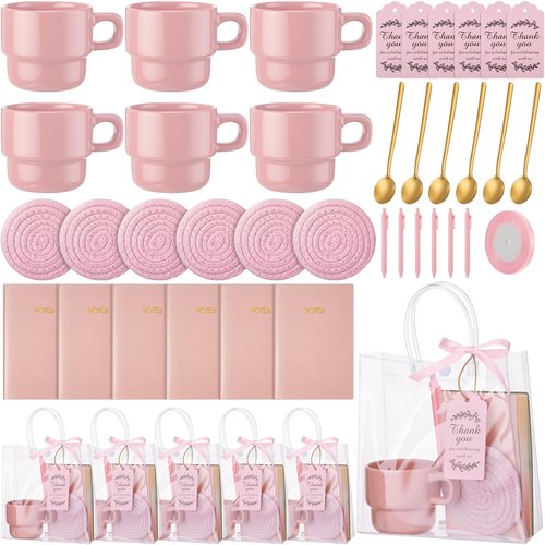 Yiyiring 43 Pcs Baby Shower Game Prizes for Game Winners Baby Shower Gifts Including Ceramic Mugs with Spoons Woven Coasters and Notebook Pen Gift Bags Thank You Card for Wedding Bridal Favors (Pink)