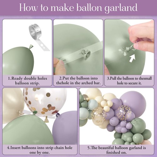 Amandir 173Pcs Dusty Green Purple Pink Balloon Arch Garland Kit, Lavender Pastel Blush Pink Yellow Mist Green Gold Confetti Balloons for Baby Shower Wedding Tea Wildflower Birthday Party Decorations