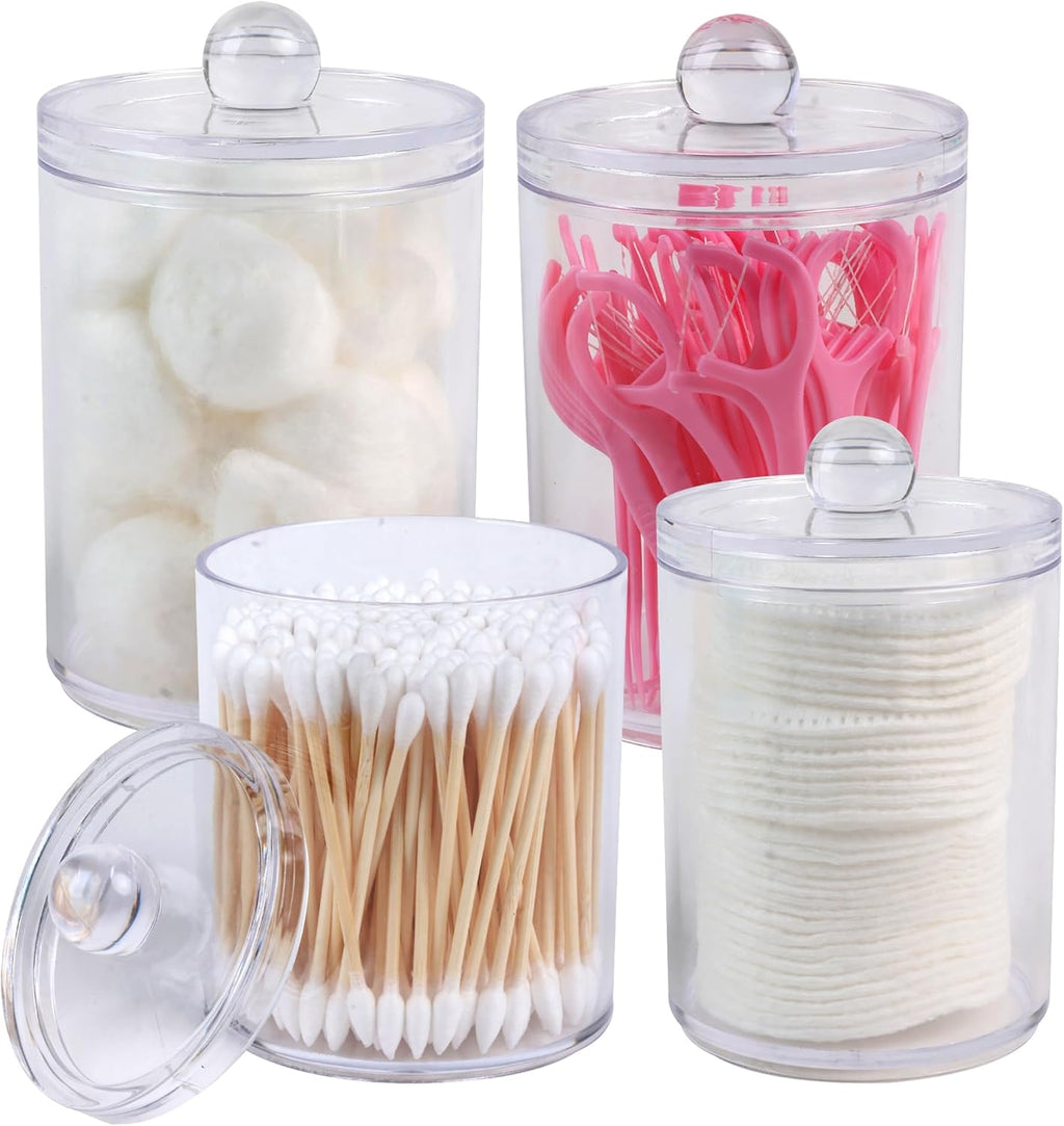 Skiennix Acrylic Qtip Holder Dispenser - 4 Pack Apothecary Jar Set for Makeup & Bathroom Storage | 10 & 12 oz