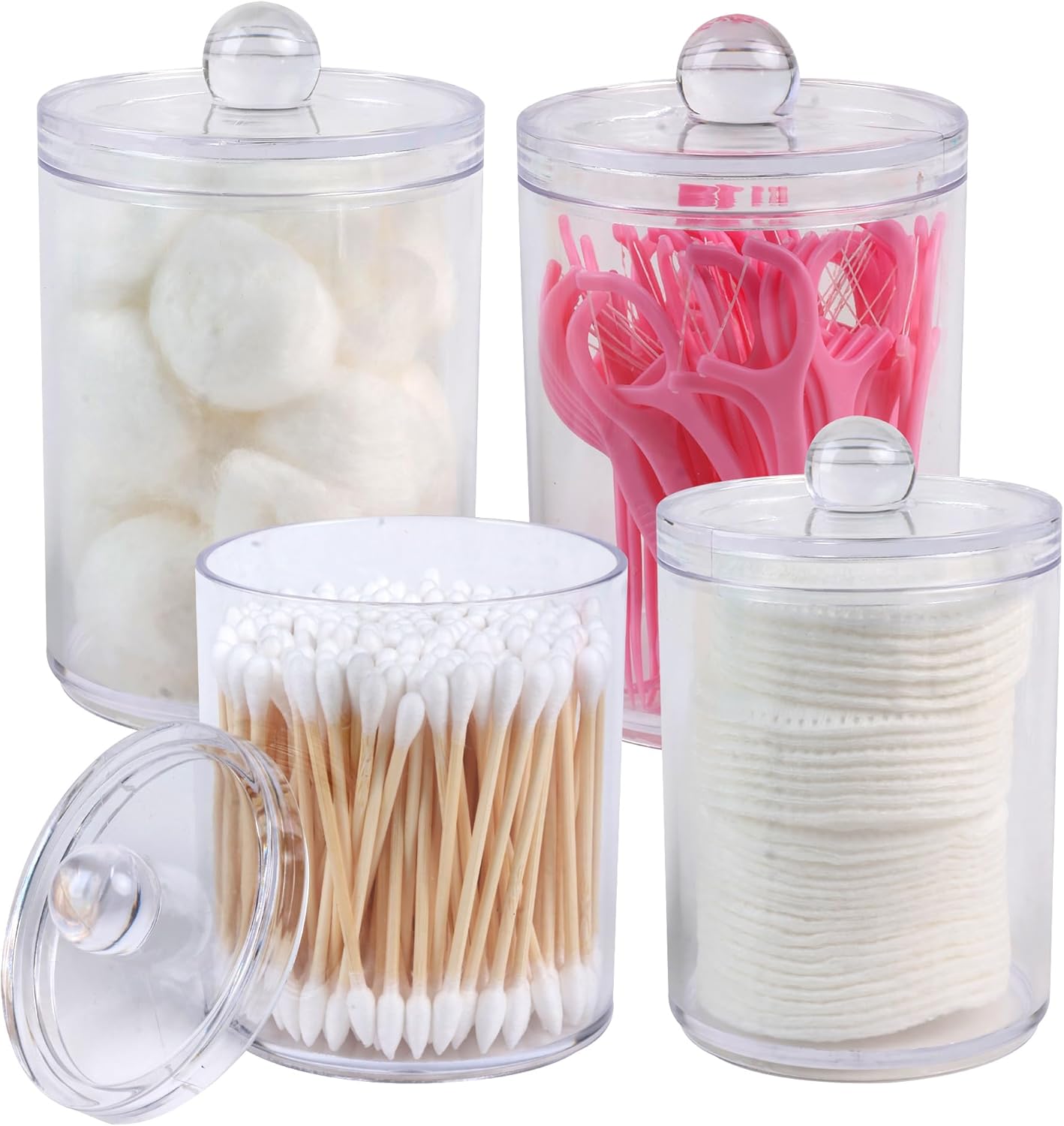 Skiennix Acrylic Qtip Holder Dispenser - 4 Pack Apothecary Jar Set for Makeup & Bathroom Storage | 10 & 12 oz