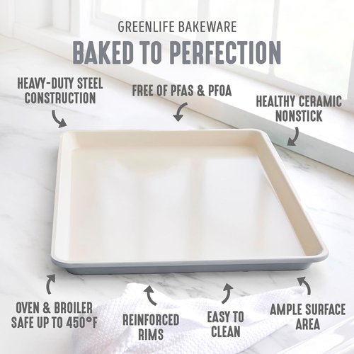 GreenLife Bakeware Half Cookie Sheet - 18” x 13” Non-Toxic Ceramic Nonstick, Oven Safe to 450°F, Easy Clean, Gray
