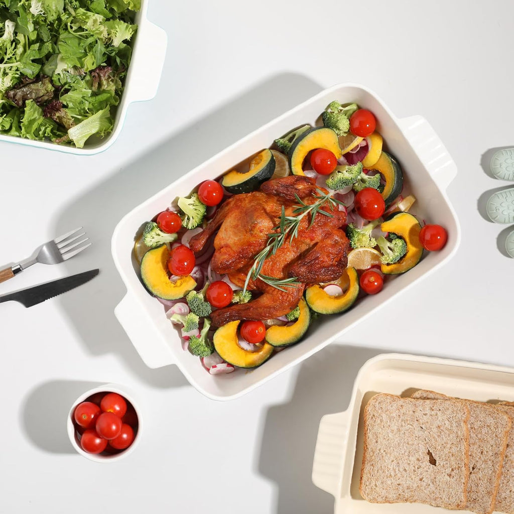 Sweejar Ceramic Baking Pan - 13 x 9 Porcelain Dish for Brownies & Lasagna | Oven Safe with Handle (White)