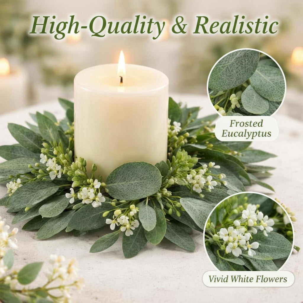 Thinkday Eucalyptus Candle Ring Set - 4 Inch Mini Artificial Wreaths for Pillar Holders | Green Floral Decor