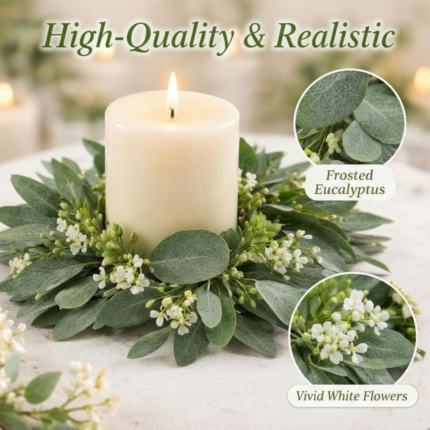 Thinkday Eucalyptus Candle Ring Set - 4 Inch Mini Artificial Wreaths for Pillar Holders | Green Floral Decor