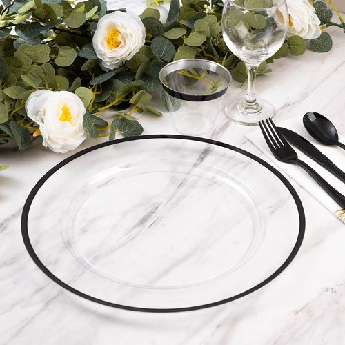 Goodluck 12 Inch Disposable Charger Plates Plastic, 100 Pack Plastic Clear Charger with Black Rim for Dinner, Wedding, Party