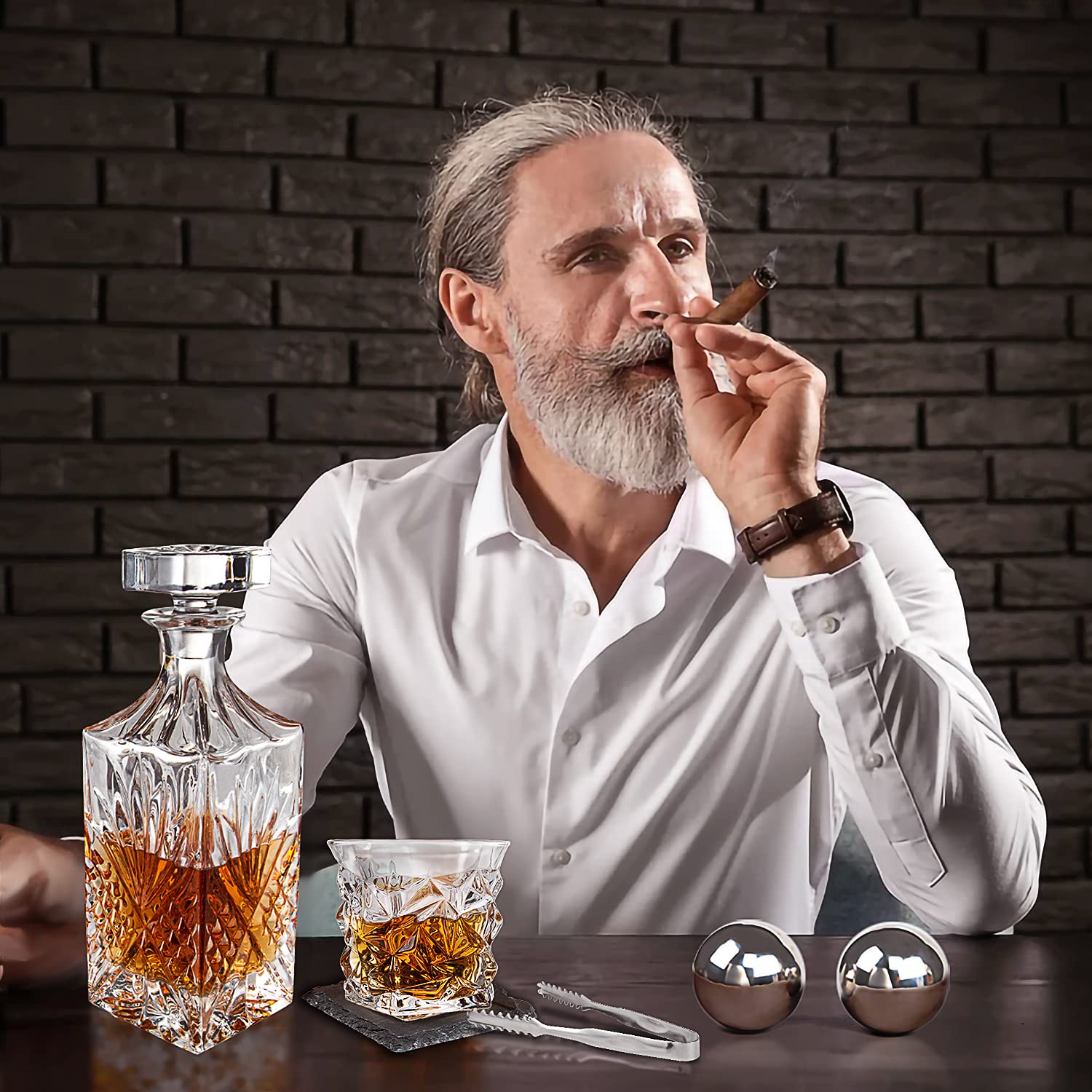 Whiskey Decanter Set, Whiskey Stones Gift Set for Men, Gifts Box with Reusable Stainless Steel Balls, Glasses, Decanter, Slate Coasters and Tongs for Dad, Boyfriend