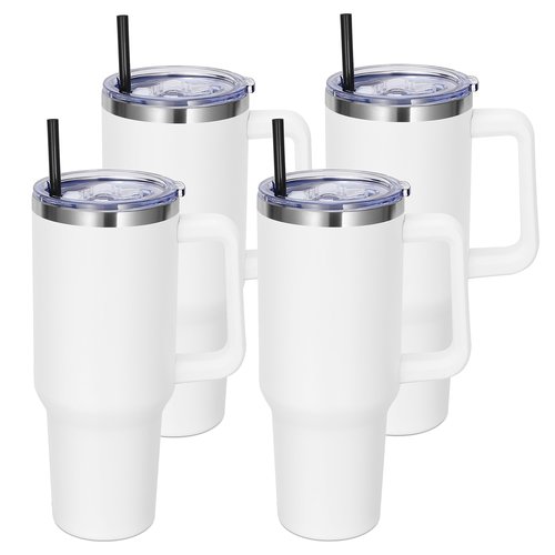 DOMICARE 40 oz Tumbler with Handle and Straw, Stainless Steel Tumbler with Lid and Straw, Reusable Vacuum Insulated Cup, Travel Coffee Mug, White, 4Pack
