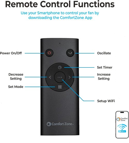 Comfort Zone Smart Wi-Fi Oscillating Tower Fan - Bladeless, 5 Speeds, Remote Control, 36-42" Height