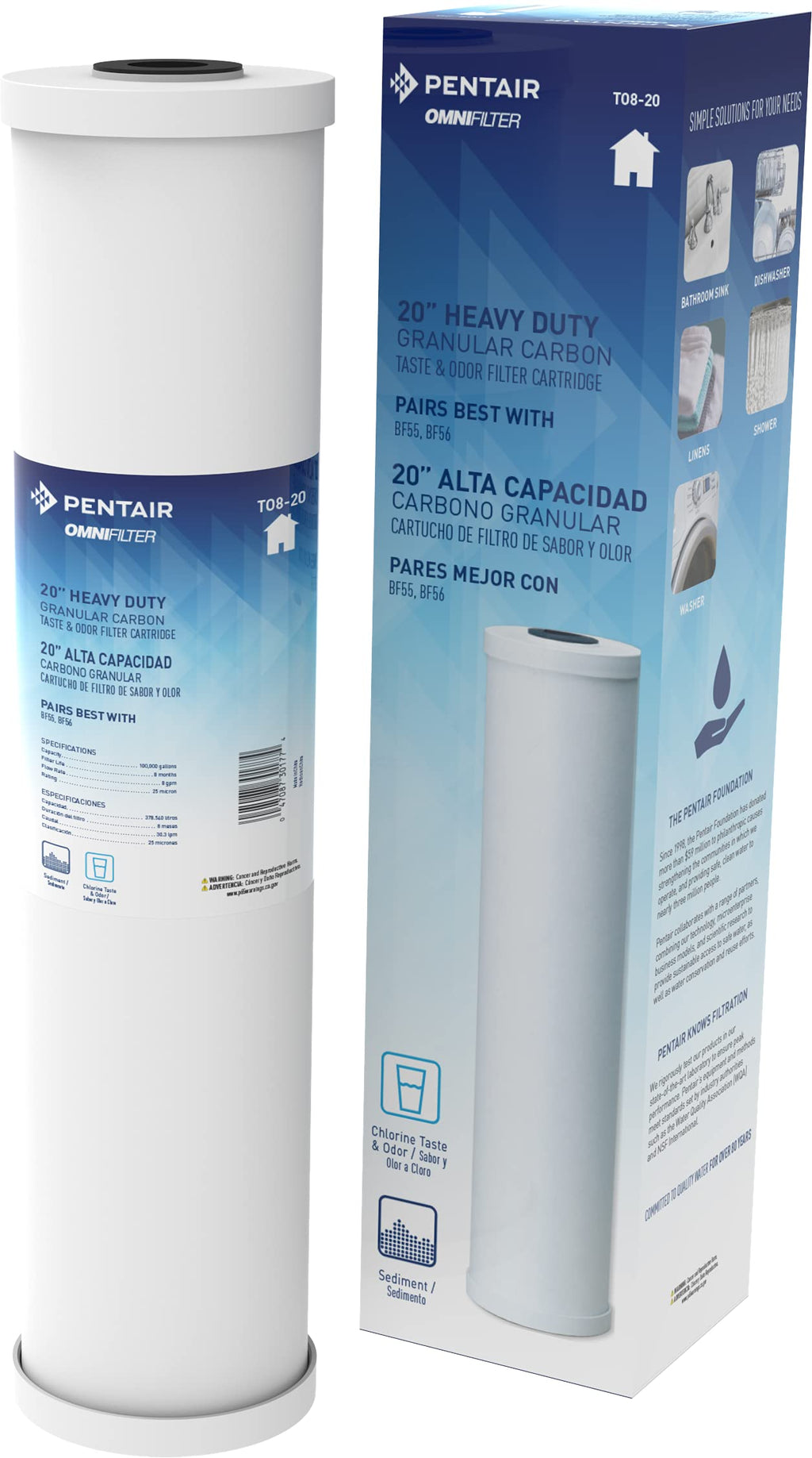 Pentair OMNIFilter TO8-20 Carbon Water Filter Replacement Cartridge, 20 Inch x 4.5" Whole House Heavy Duty Big Blue, Granular Activated Carbon Radial Flow, Reduces Chlorine Taste and Odor, 70 Micron