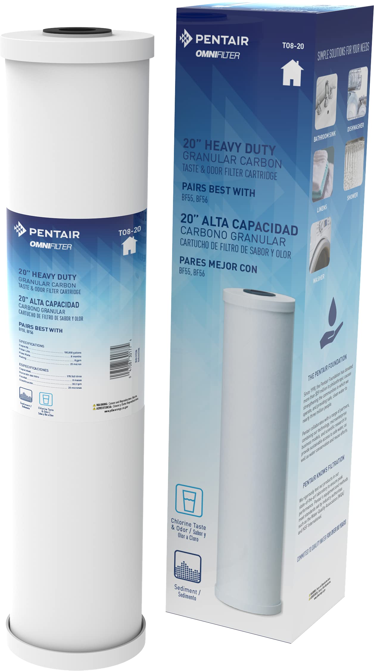 Pentair OMNIFilter TO8-20 Carbon Water Filter Replacement Cartridge, 20 Inch x 4.5" Whole House Heavy Duty Big Blue, Granular Activated Carbon Radial Flow, Reduces Chlorine Taste and Odor, 70 Micron